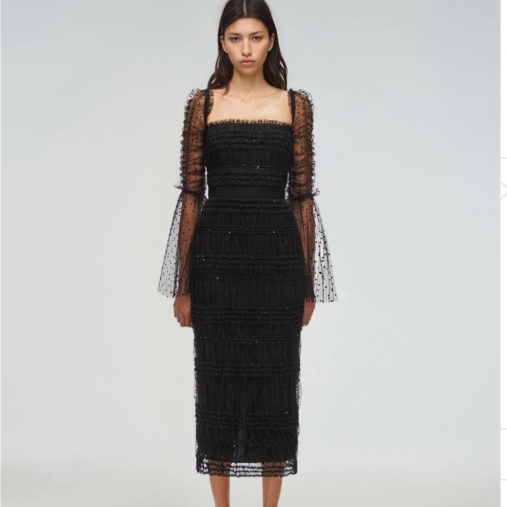 Self Portrait Black Dot Mesh Midi Dress